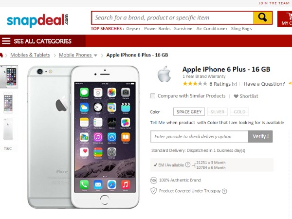 Snapdeal: Apple iPhone 6 Plus - 16 GB - 64 GB - 68 GB