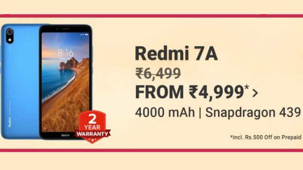 ರೆಡ್ಮಿ 7ಎ (ಬೆಲೆ: Rs 6,999, ರಿಯಾಯಿತಿ ಬೆಲೆ: Rs 4,999)